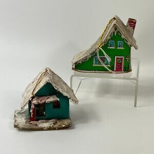 Vtg Japan Glitter House Ornaments Lot of 2 Cardboard Putz Style Christmas Decor